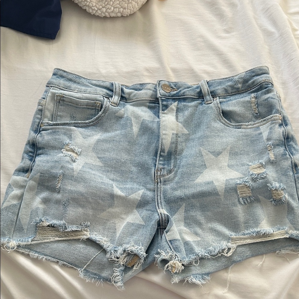 Starry Light Blue Distressed Denim Shorts